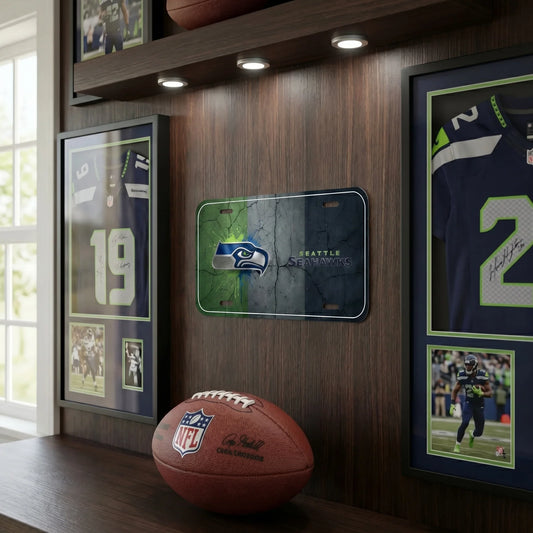 Wooden wall display with framed sports jerseys and a football on a wooden floor.