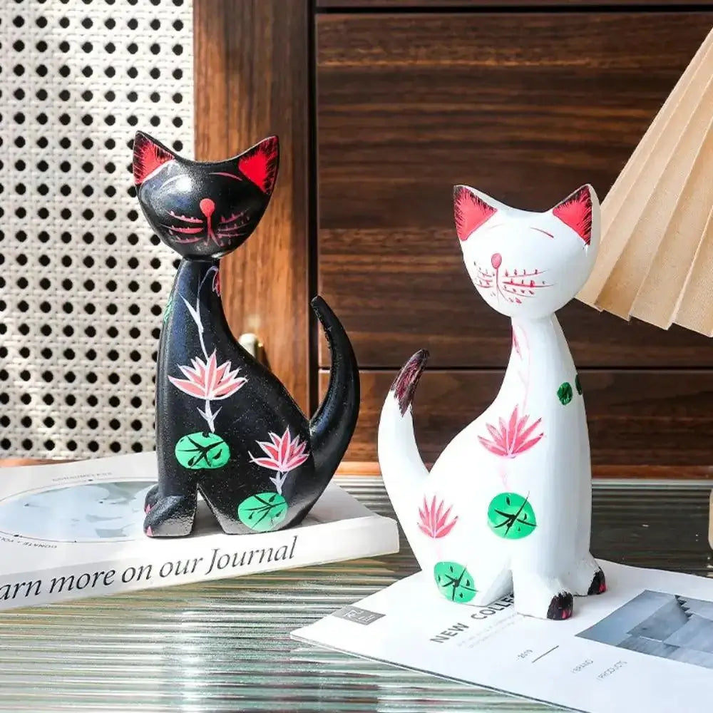 Wooden Cat Set Statue