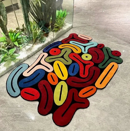 Artistic Irregular Plush Carpet on a concrete floor with plants in the background