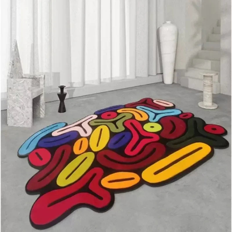 Artistic Irregular Plush Carpet on a gray floor with white curtains in the background