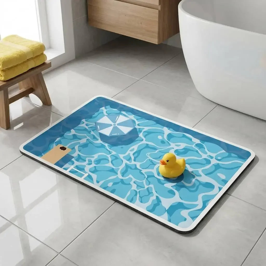 Bath mat with a rubber duck and sailboat design on a bathroom floor.