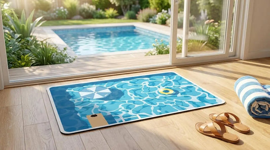 Blue patterned mat on a wooden floor with a pool view outside.