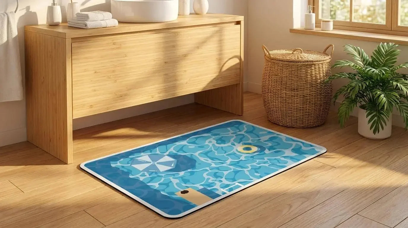 Blue bath mat with fish design on a wooden floor next to a wooden cabinet.