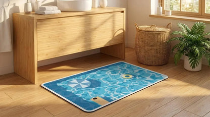 Blue bath mat with fish design on a wooden floor next to a wooden cabinet.