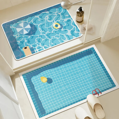 Two bath mats with pool-themed designs on a bathroom floor.