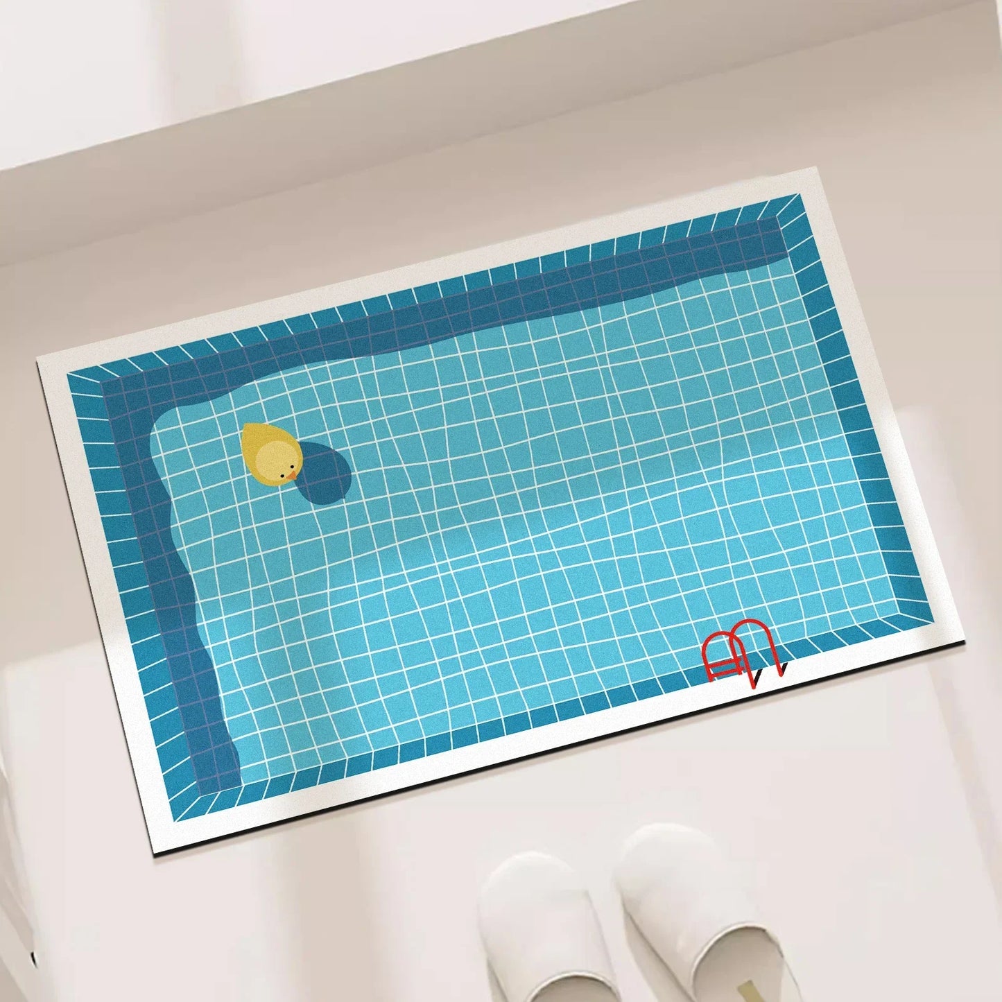 Illustration of a pool with a swimmer and a red chair on a white background