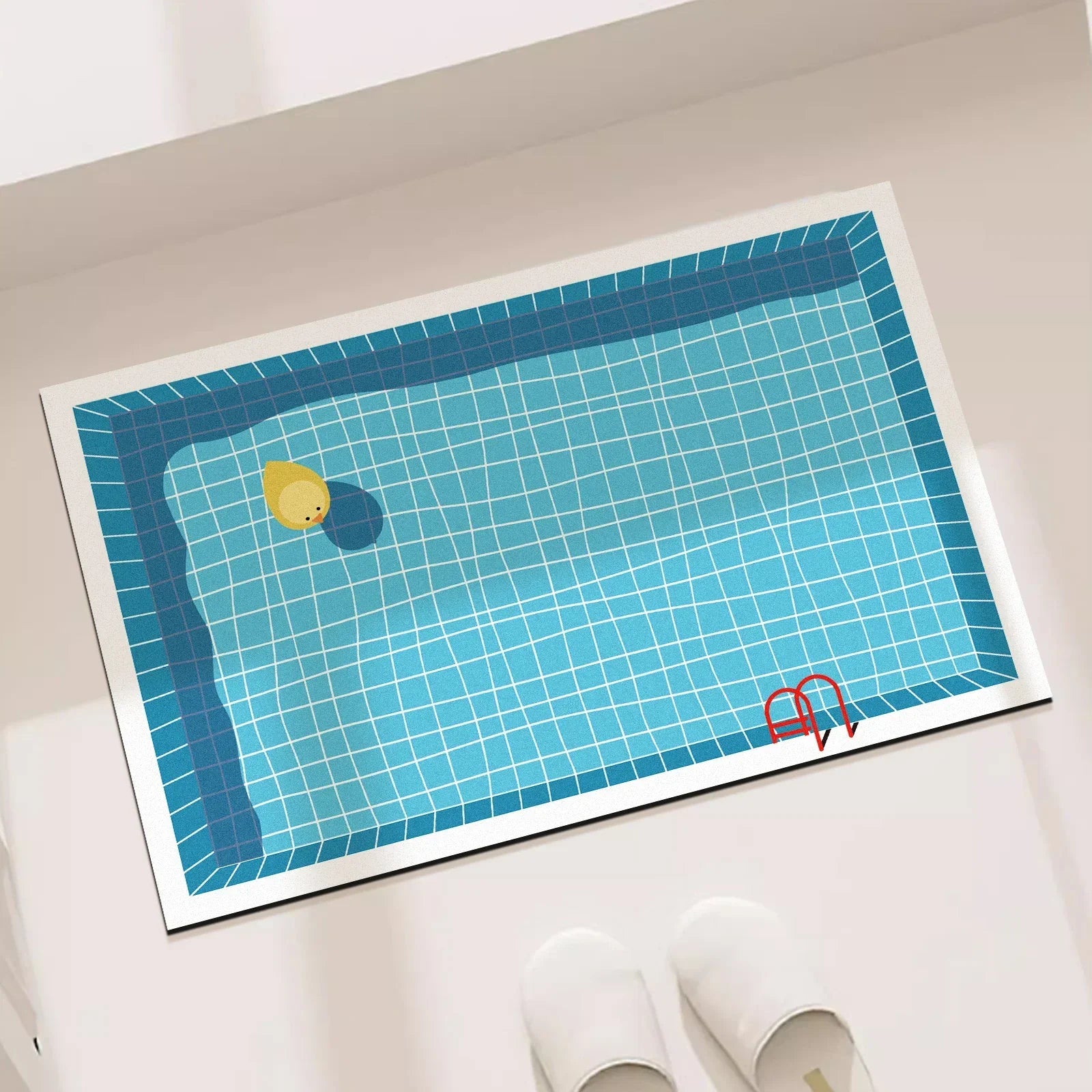 Illustration of a pool with a swimmer and a red chair on a white background