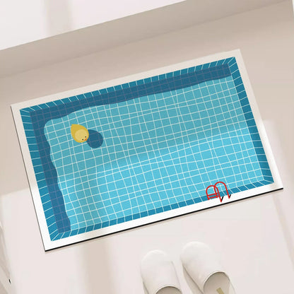 Illustration of a pool with a swimmer and a red chair on a white background