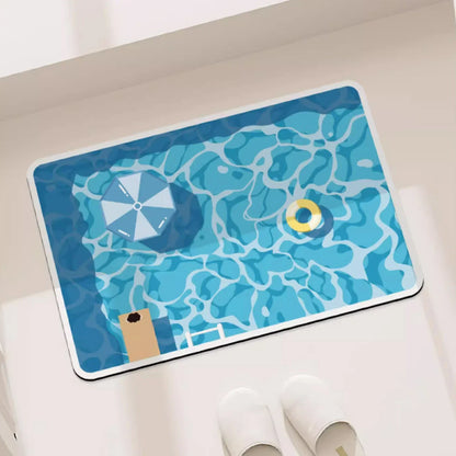 Placemat with pool design featuring a umbrella and lounge chair on a white surface