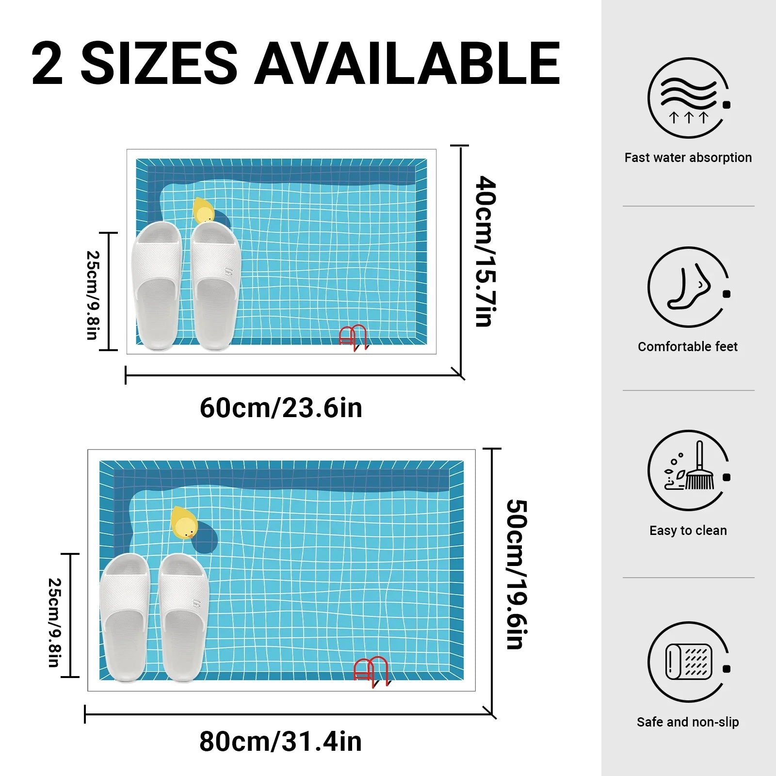 Product dimensions chart with two size options and features listed on the right.