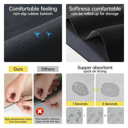 Product features including non-slip rubber bottom, roll-up storage, high temperature fusion, and absorbent properties.