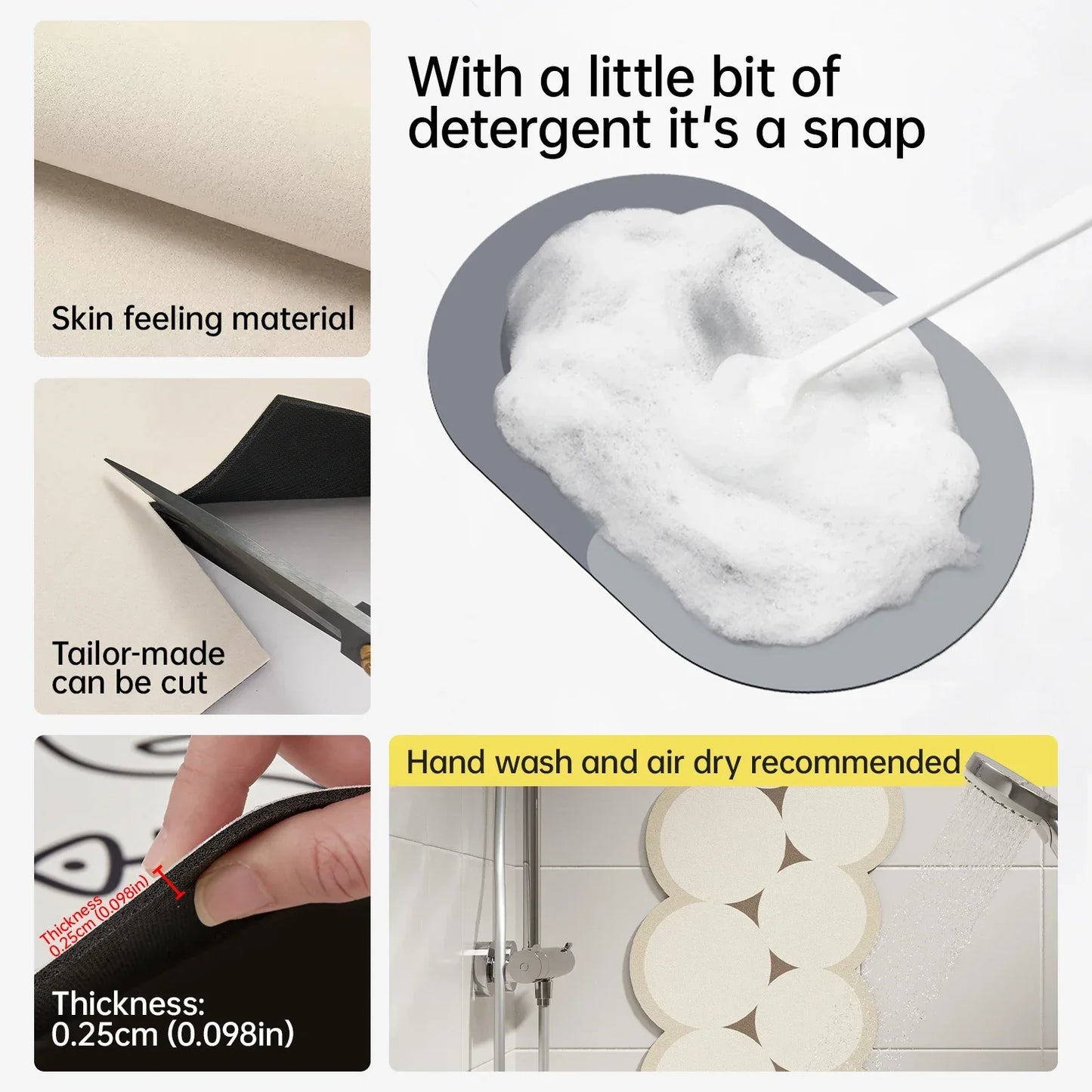 Product packaging with text on skin feeling material, cutting flexibility, thickness measurement, and washing instructions.