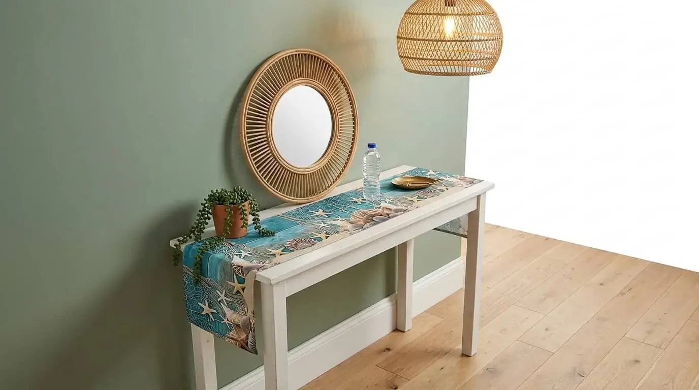 Console table with decorative items against a light green wall