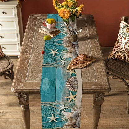 Wooden table with a Coastal table runner featuring sea-themed design, surrounded by chairs.