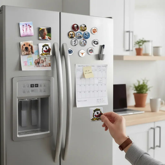 Person placing a magnet on a refrigerator with various magnets and photos attached
