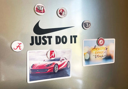 Fridge with College team Fridge Magnet including a Nike logo, Alabama logo, and images of a car and inspirational quote.