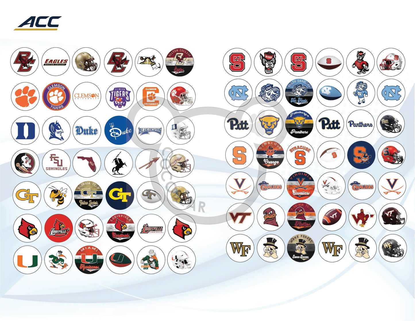 Collection of college sports team logos arranged in a circular pattern with ACC logo at the top.
