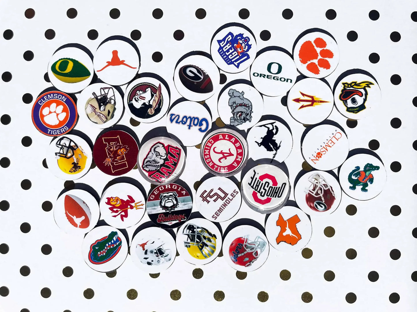 Collection of various sports team logos on a polka dot background