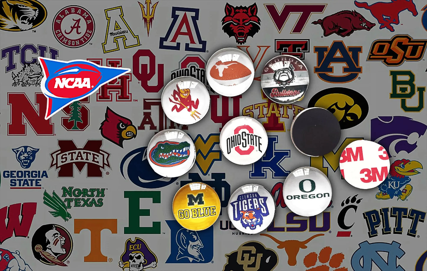 Collection of various College team Fridge Magnet magnets on a metallic surface 