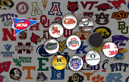 Collection of various College team Fridge Magnet magnets on a metallic surface 