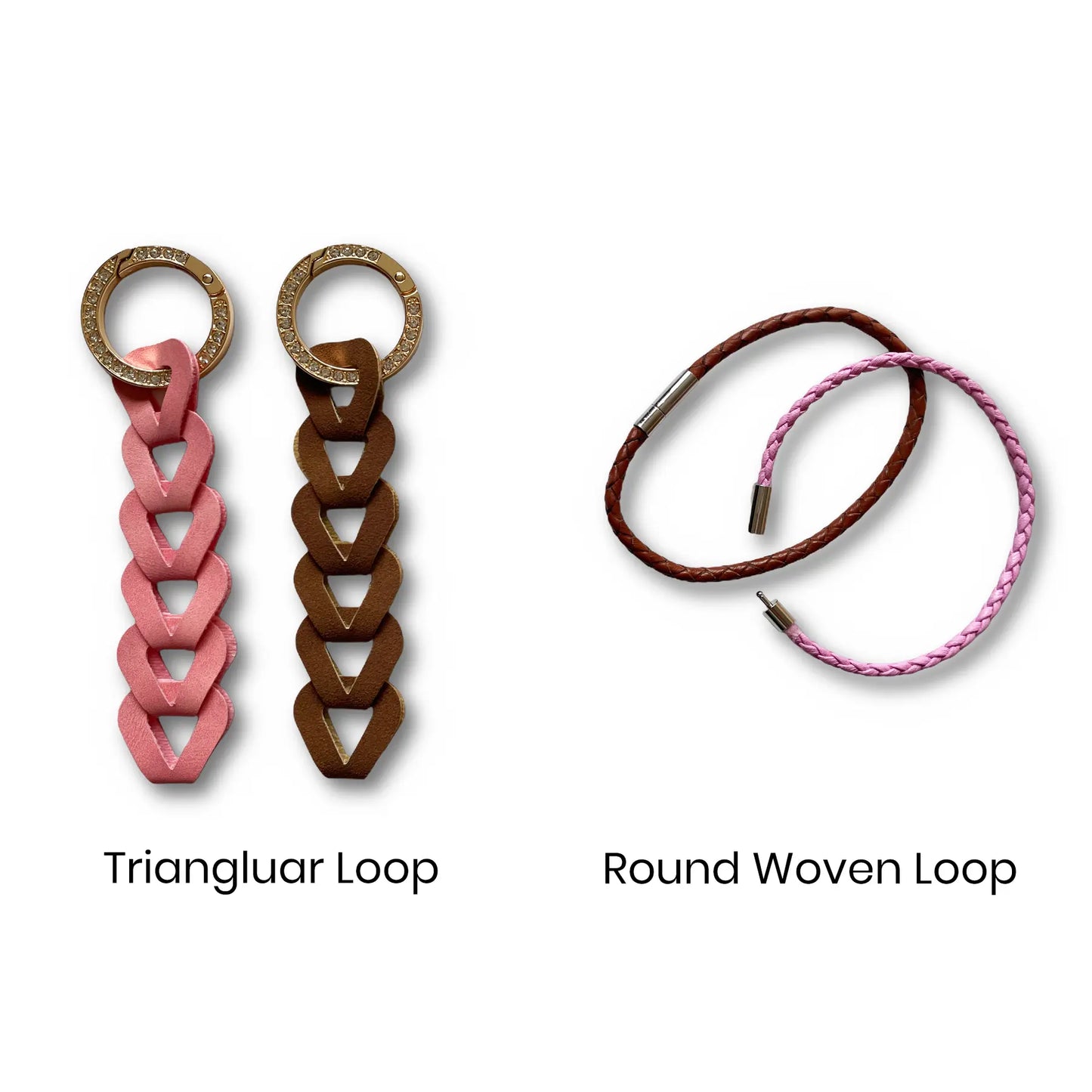 Two types custom Name Tag of loops, triangular and round woven, on a white background.
