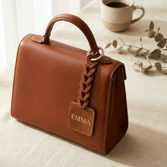 Brown leather handbag with Custom name tag.