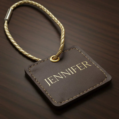 Brown leather tag with 'JENNIFER' engraving on a wooden surface