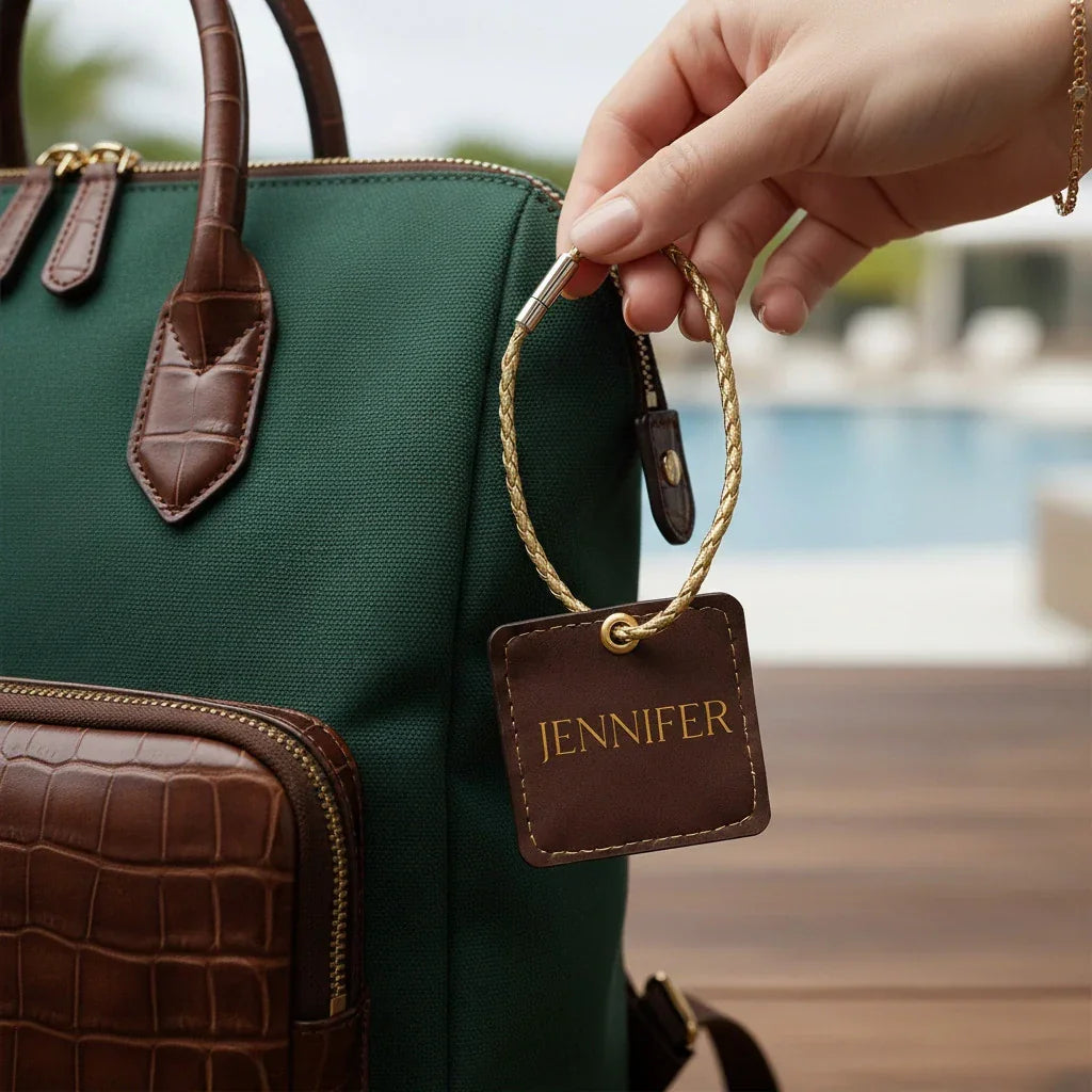Green handbag with a brown leather tag labeled 'Jennifer' held by a hand.