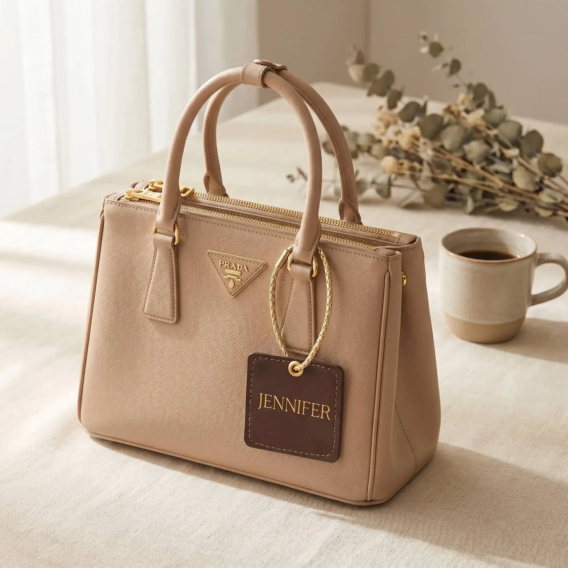 Beige handbag with a Custom name tag on a light surface with a cup and plant in the background