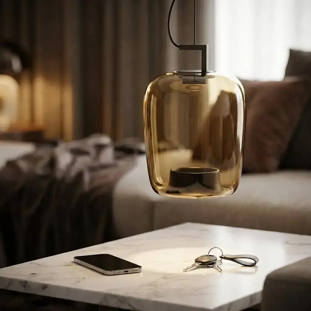 Danish glass pendant light hanging above a marble table with a smartphone and keys, showcasing its elegant design.