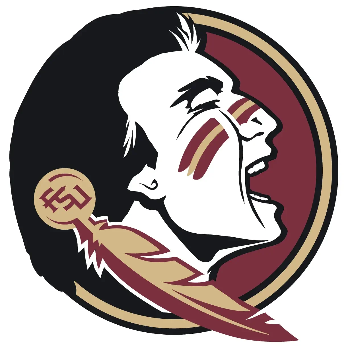 Logo featuring a profile of a person with a headdress and a football, set against a black, red, and gold circular background.