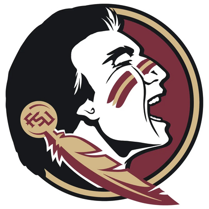 Logo featuring a profile of a person with a headdress and a football, set against a black, red, and gold circular background.