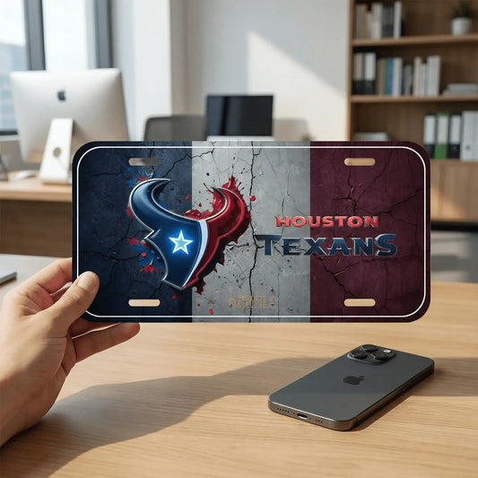 NFL team License Plate featuring Houston Texans logo on a cracked background, showcasing team pride and vibrant colors.