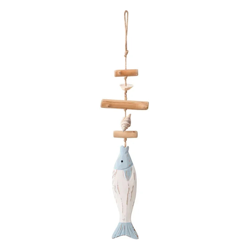 Decorative fish ornament with wooden elements on a white background