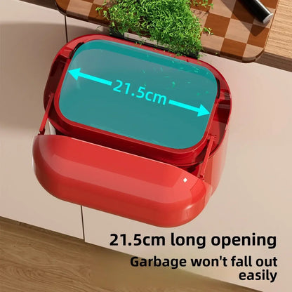 Red trash bin with open lid showing an opening measurement
