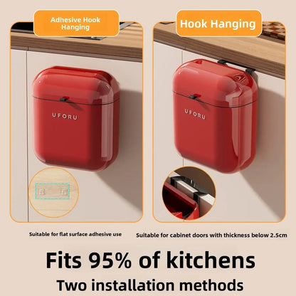 Kitchen Waste Bin shown with adhesive hook and hook hanging methods