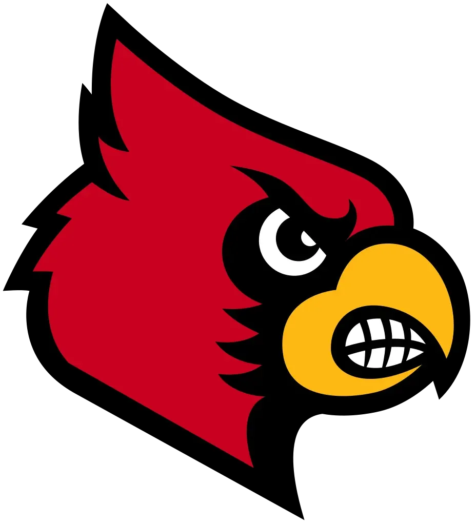 Red cardinal head logo with yellow beak and black details on a white background