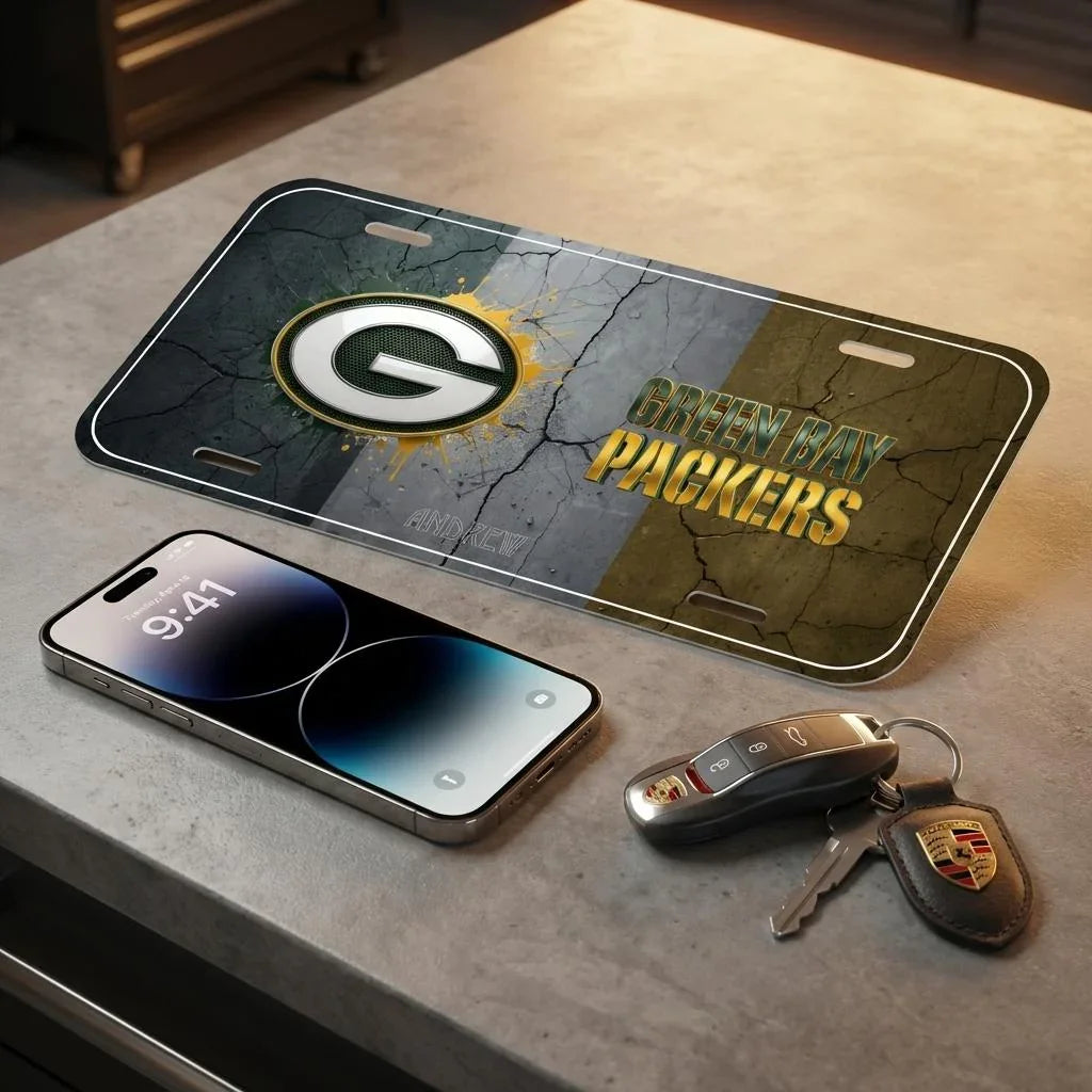 Green Bay Packers license plate on a surface with a smartphone and keys.