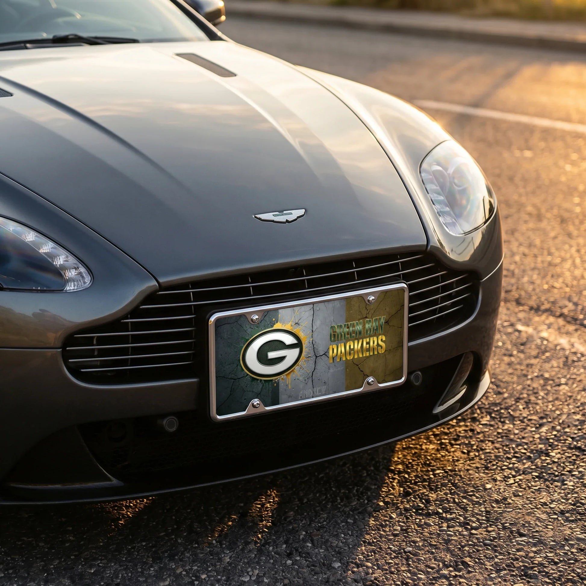 Car with a license plate featuring a sports team logo on a road.
