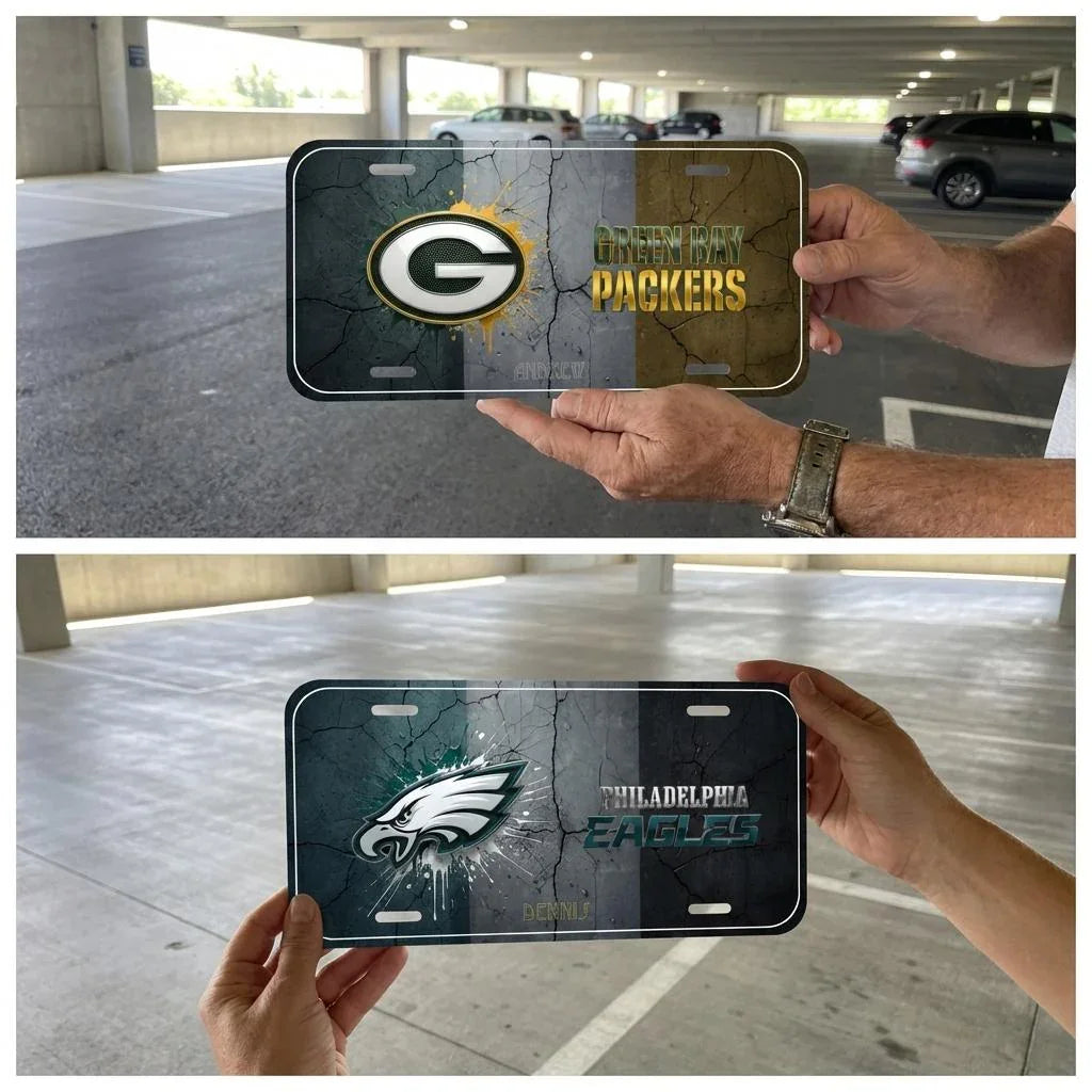 Two images showing hands holding license plates with NFL team logos in a parking garage.