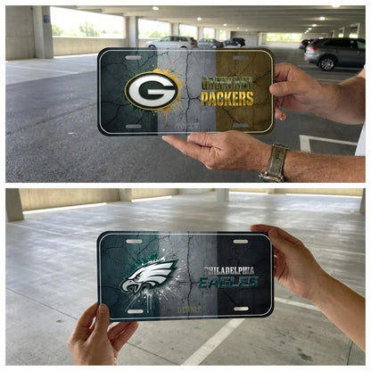 Two images showing hands holding license plates with NFL team logos in a parking garage.