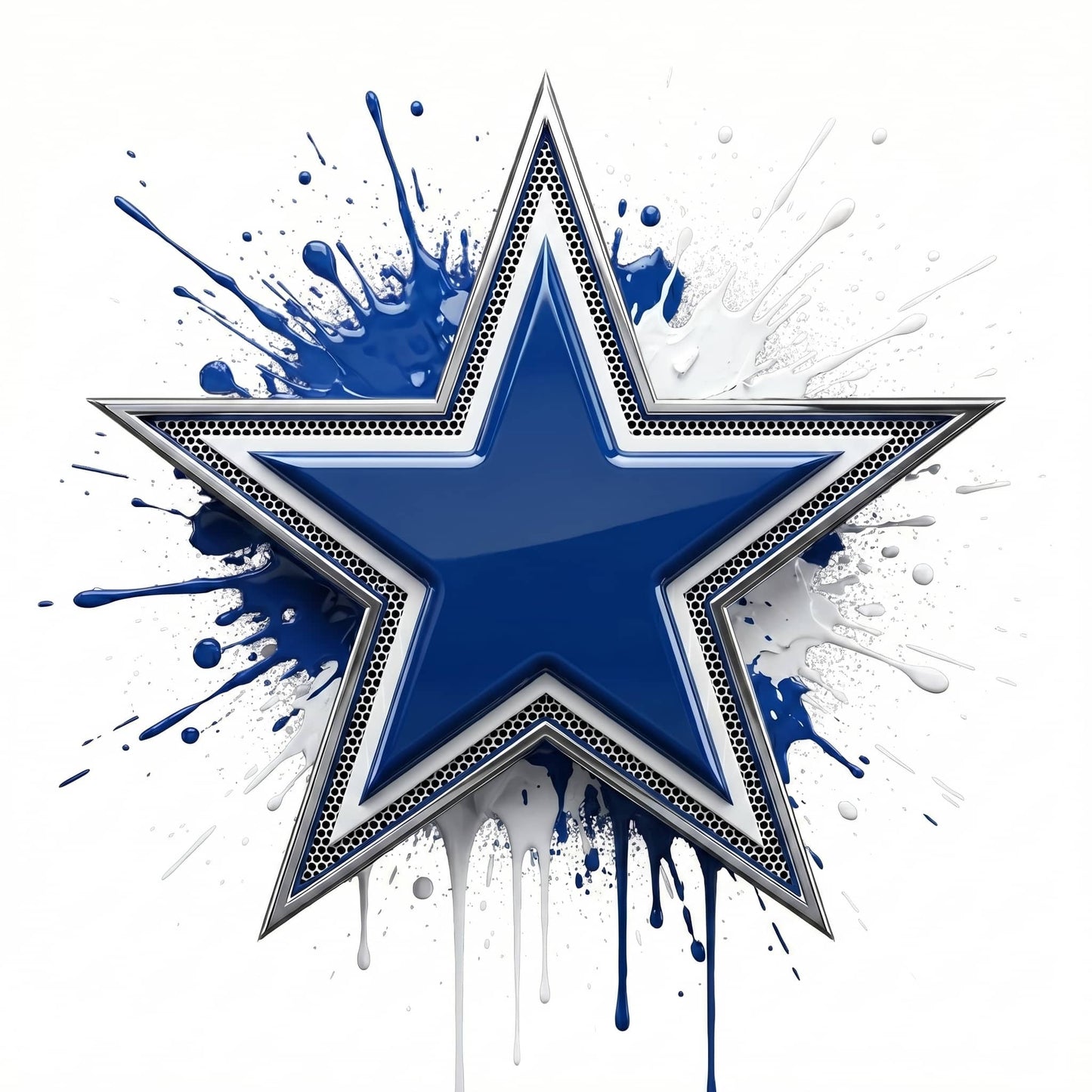 Dallas Cowboy logo with splashes of blue and white on a white background