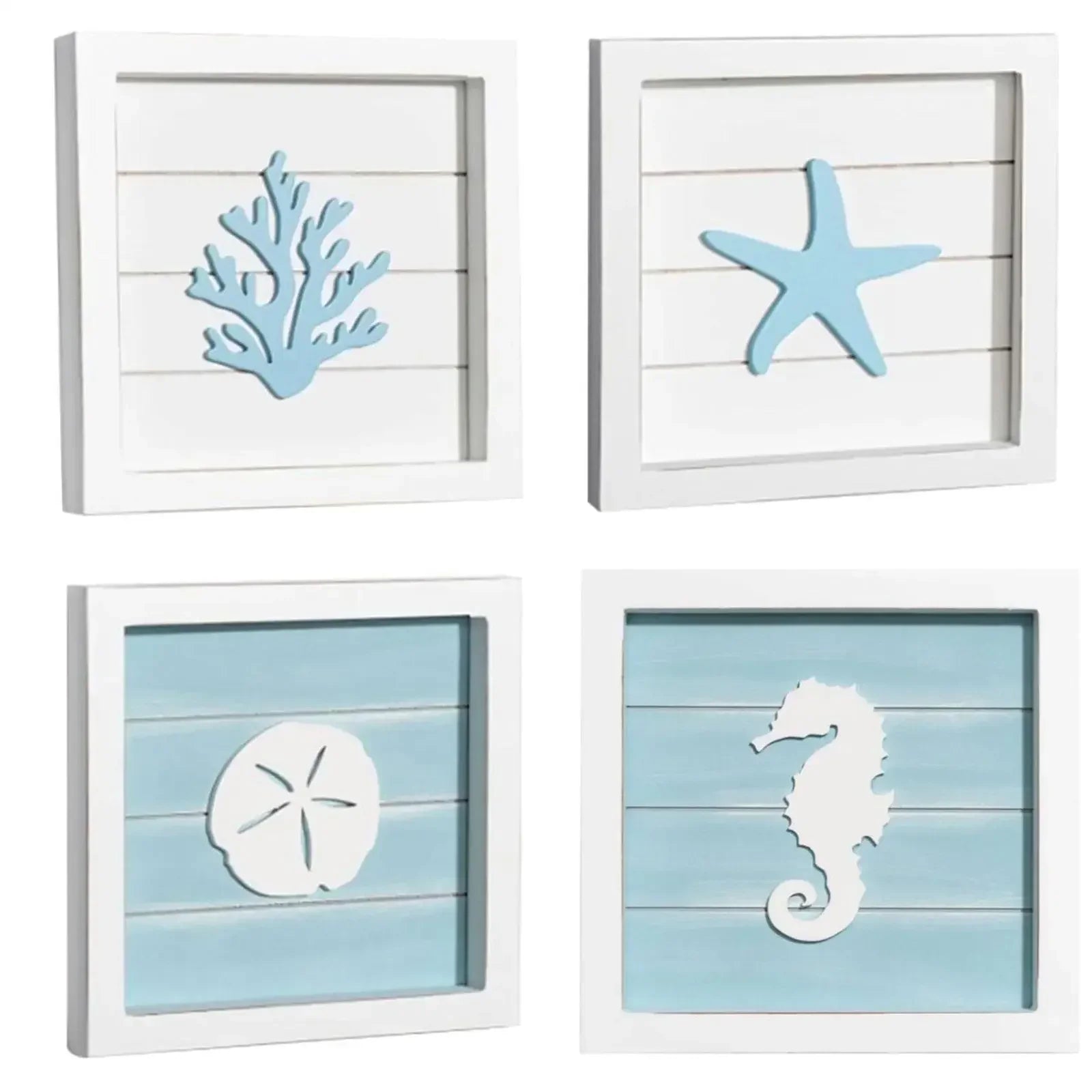 Set of four framed wall art pieces with blue and white sea-themed designs on a white background.