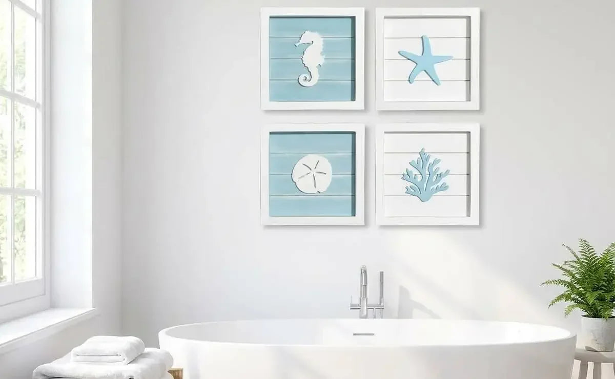 Bathroom with Nautical Wall Plaque Decor above a bathtub