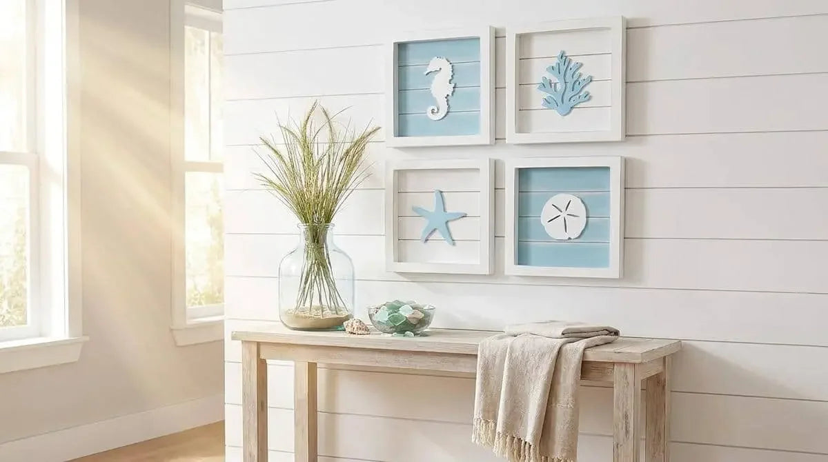 Nautical-themed wall art with seahorse, starfish, and coral decorations on a white wall.