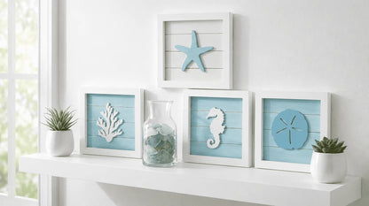 Decorative Nautical Wall Plaque Decor with sea-themed elements on a white shelf.