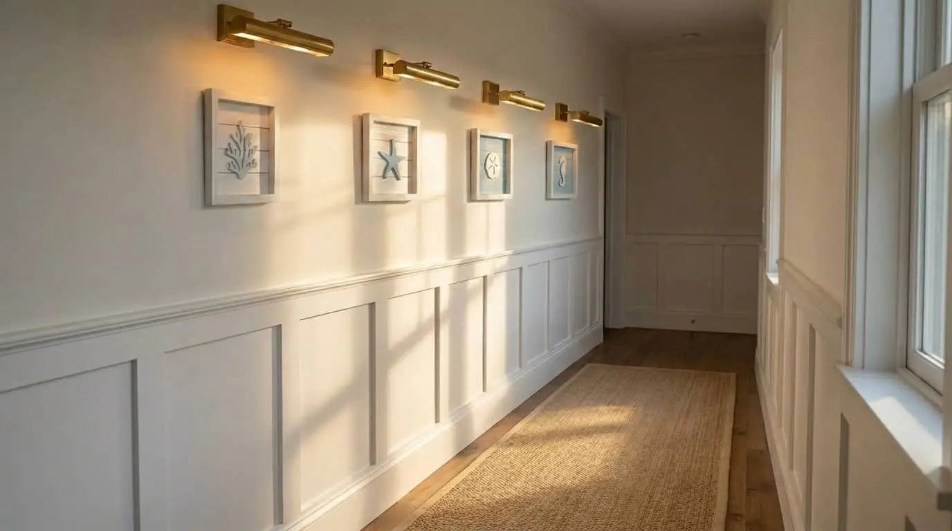 Hallway with white paneled walls, framed pictures, and wall lights.