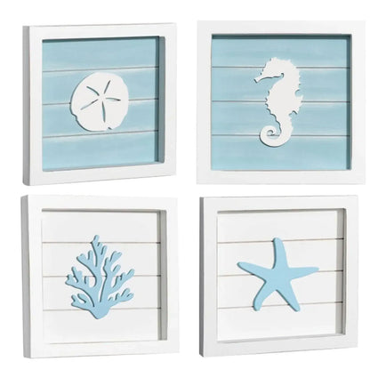Set of four framed wall art pieces with beach-themed designs on a white background.