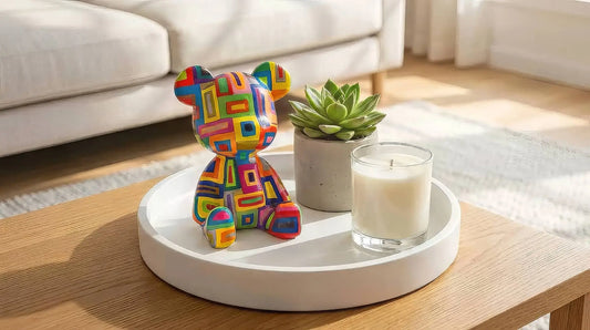 A colorful geometric teddy bear figurine sits on a round white tray on a wooden table, next to a small potted succulent and a lit candle, with a blurred living room background.