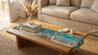 Coffee table with decorative items in a living room setting